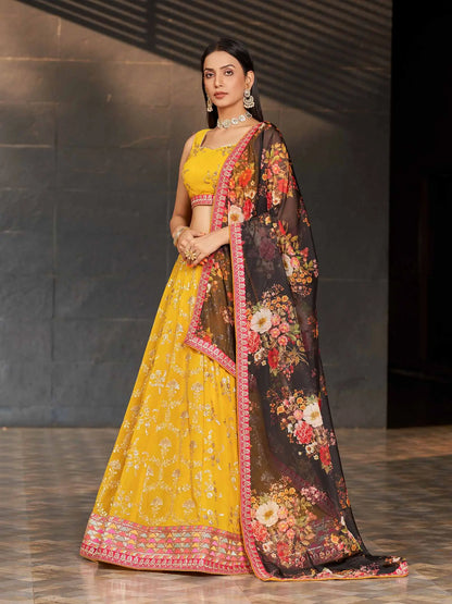 Yellow Black Georgette Lehenga With Thread Zari Sequins Embroidery Work With Digital print