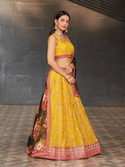 Yellow Black Georgette Lehenga With Thread Zari Sequins Embroidery Work With Digital print
