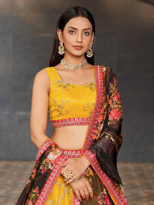Yellow Black Georgette Lehenga With Thread Zari Sequins Embroidery Work With Digital print