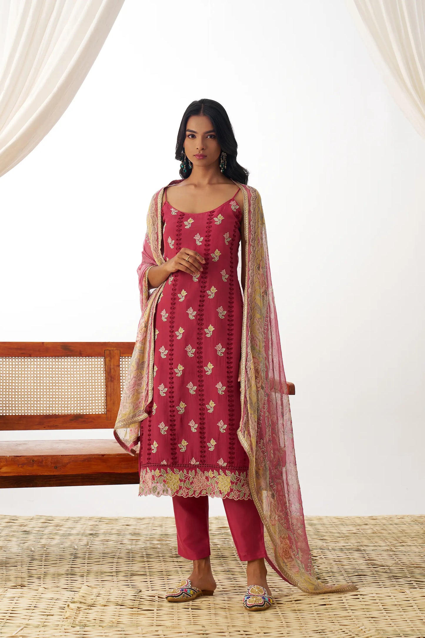 Dull Red Fancy Embroidered Work Organza Salwar Suit With Dupatta