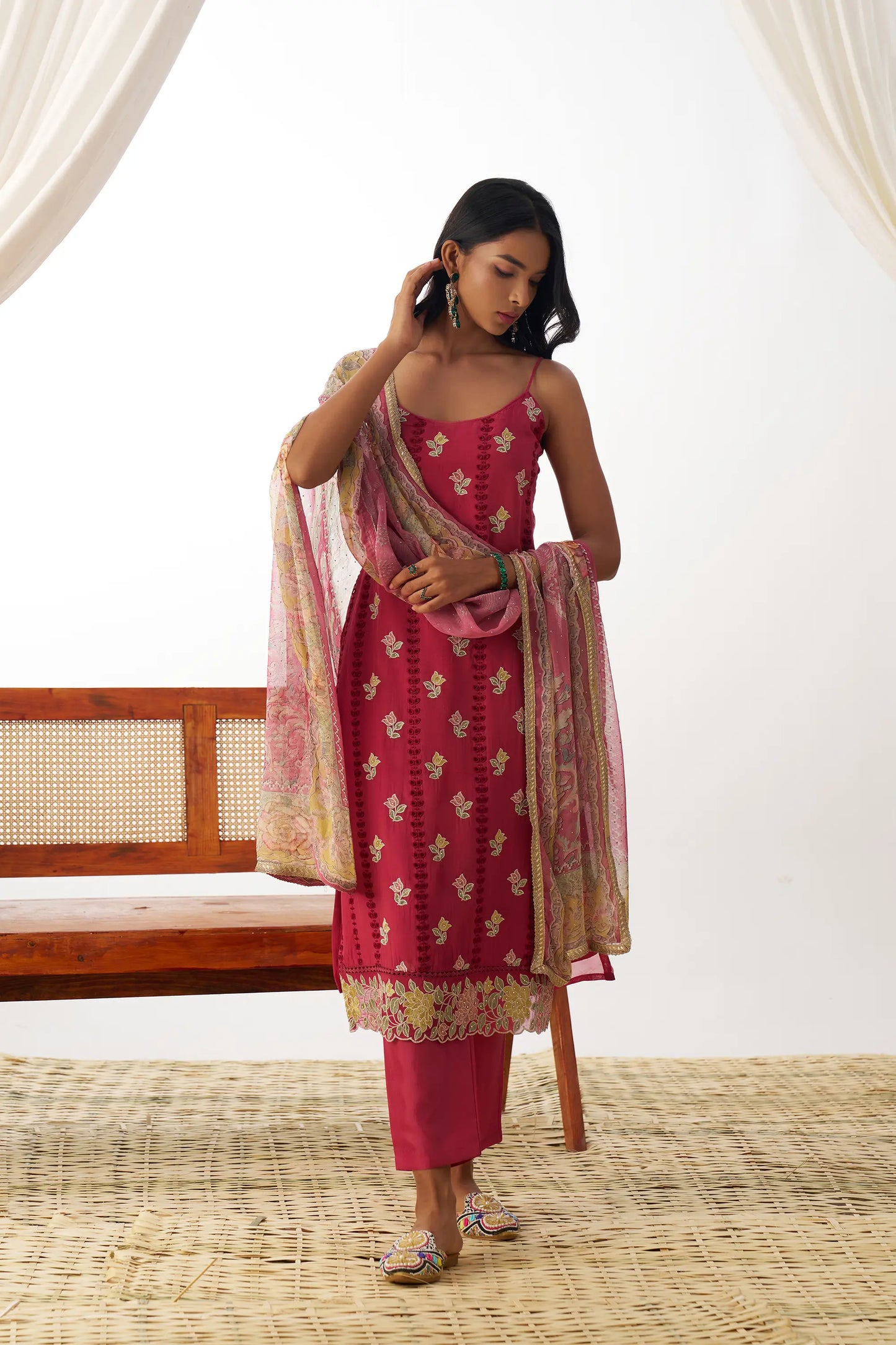 Dull Red Fancy Embroidered Work Organza Salwar Suit With Dupatta