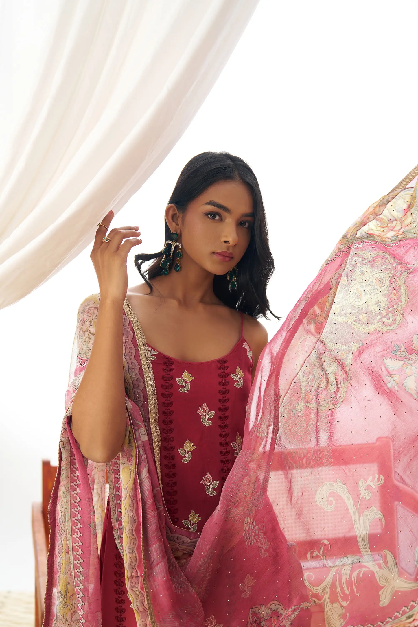 Dull Red Fancy Embroidered Work Organza Salwar Suit With Dupatta