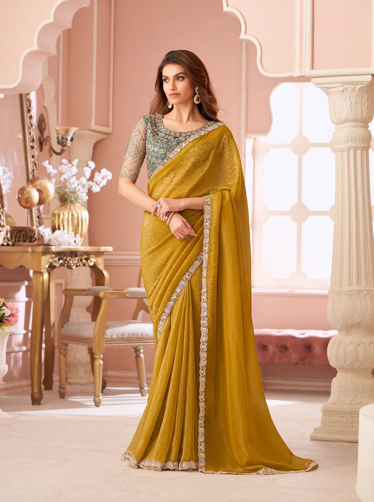 Honey Yellow Sunshine Georgette Thread & Sequins Embroidery Work Saree