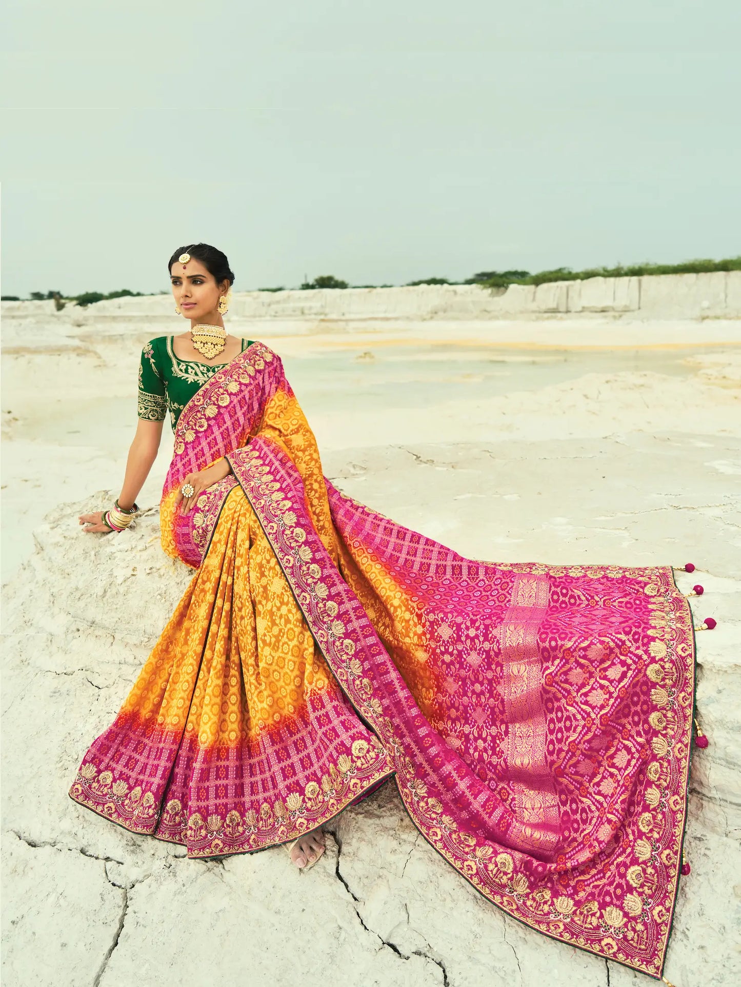Mustard-Rani Pink Georgette Heavy Embroidered Bandhej Saree