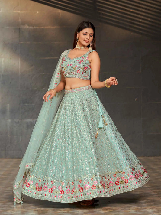 Summer Green Georgette Lehenga With Multi Color Thread Zari Sequins Embroidery Work