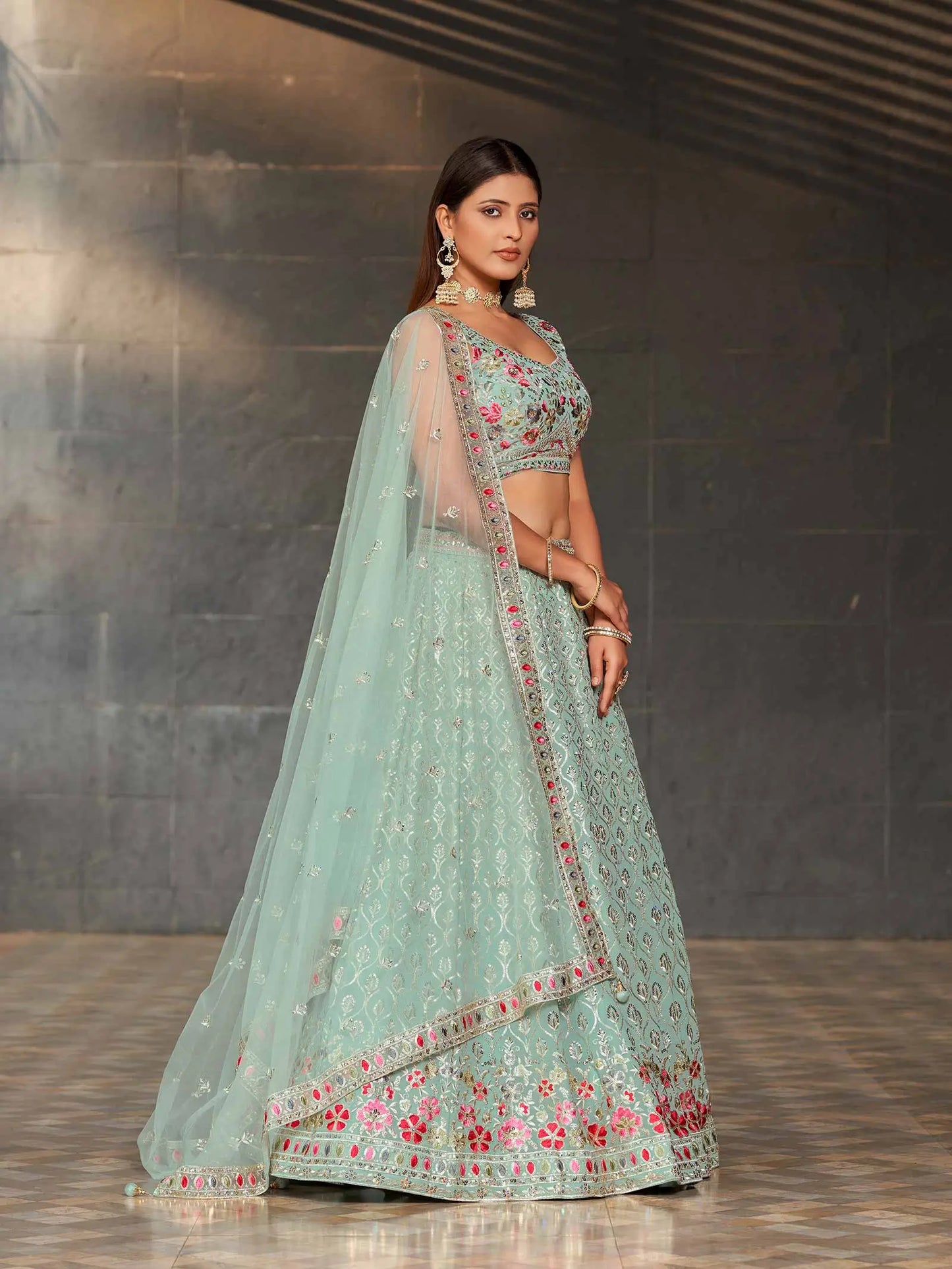 Summer Green Georgette Lehenga With Multi Color Thread Zari Sequins Embroidery Work