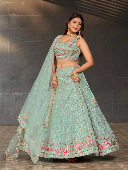 Summer Green Georgette Lehenga With Multi Color Thread Zari Sequins Embroidery Work