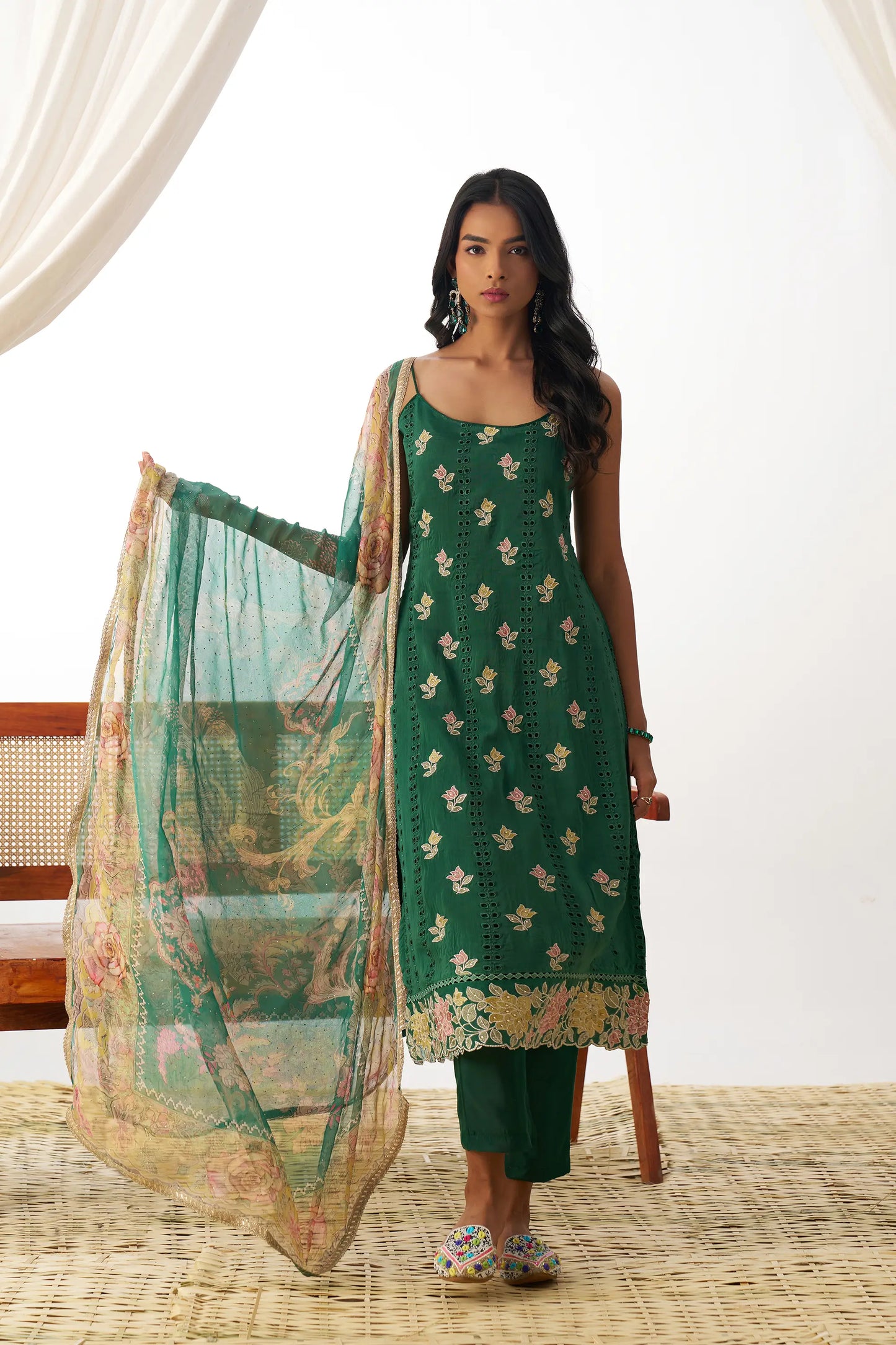 Green Cyan Fancy Embroidered Work Organza Salwar Suit With Dupatta