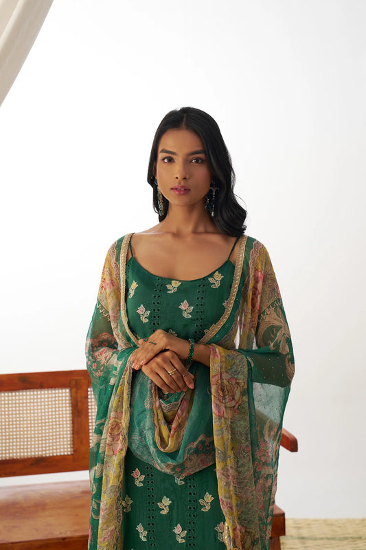 Green Cyan Fancy Embroidered Work Organza Salwar Suit With Dupatta