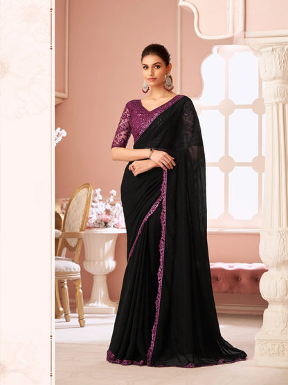 Black Pattern Georgette Thread & Sequins Embroidery Work Saree