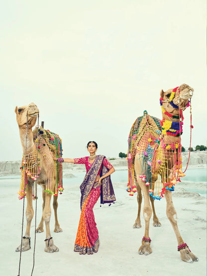Purple-Pink-Orange Georgette Heavy Embroidered Bandhej Saree