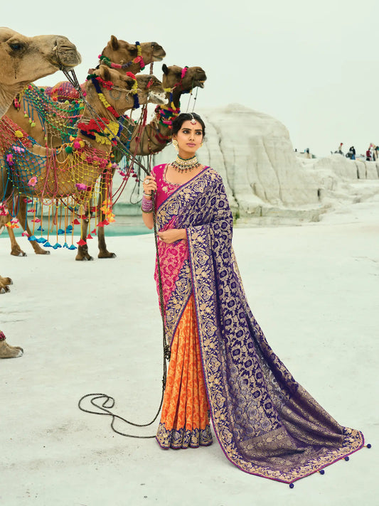 Purple-Pink-Orange Georgette Heavy Embroidered Bandhej Saree