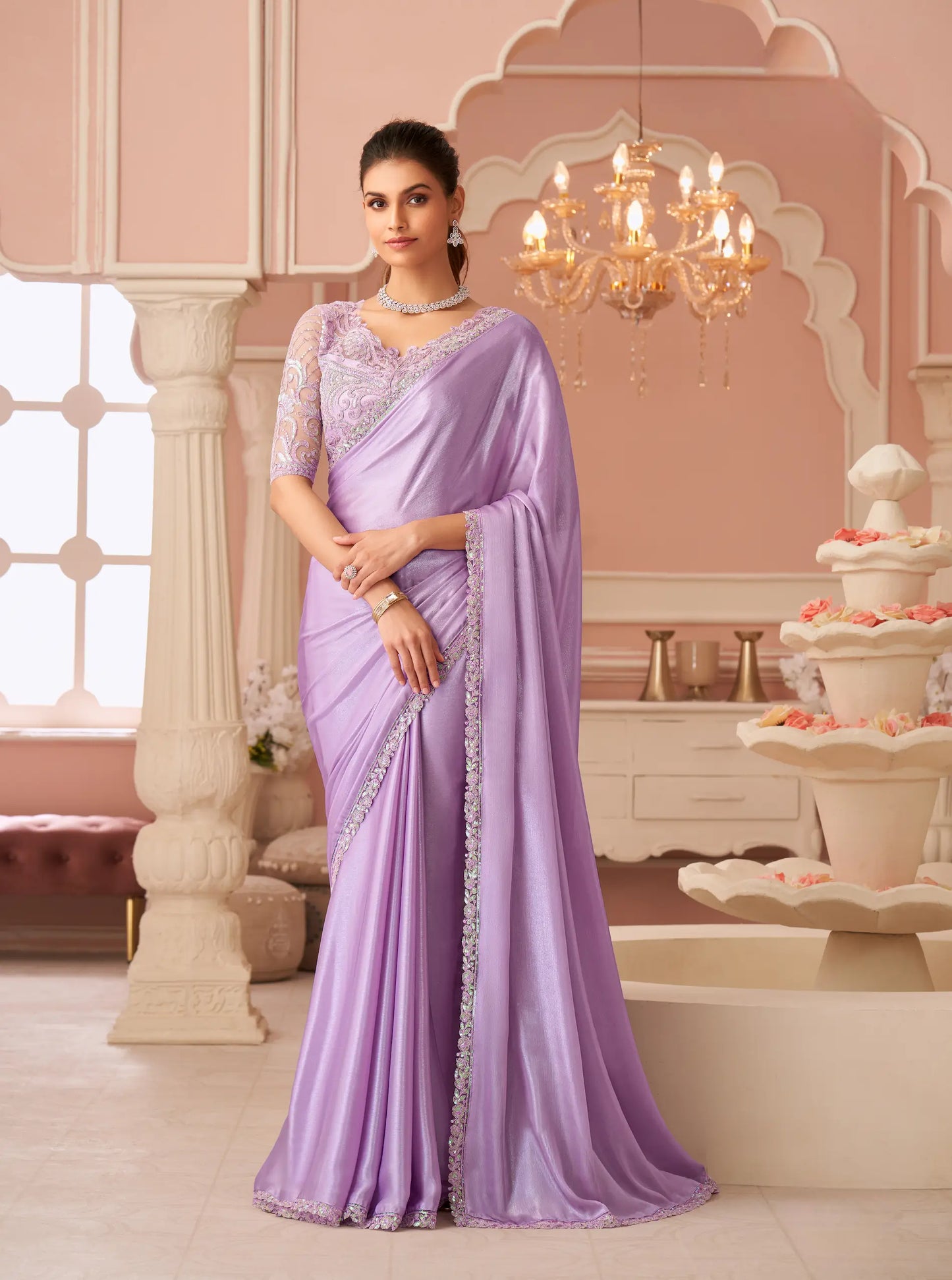 Lavender Silver Chiffon Thread & Sequins Embroidery Work Saree