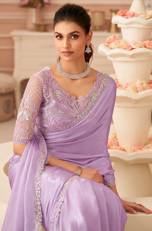 Lavender Silver Chiffon Thread & Sequins Embroidery Work Saree