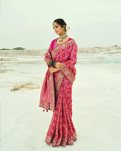 Red-Rani Pink Georgette Heavy Embroidered Bandhej Saree