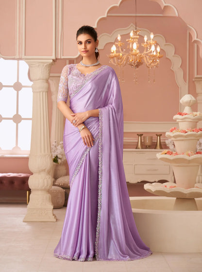Lavender Silver Chiffon Thread & Sequins Embroidery Work Saree