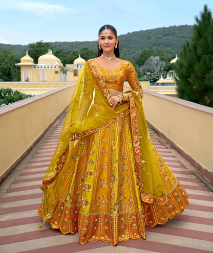 Golden Heavy Embroidery Sequins Lotus Work Lehenga