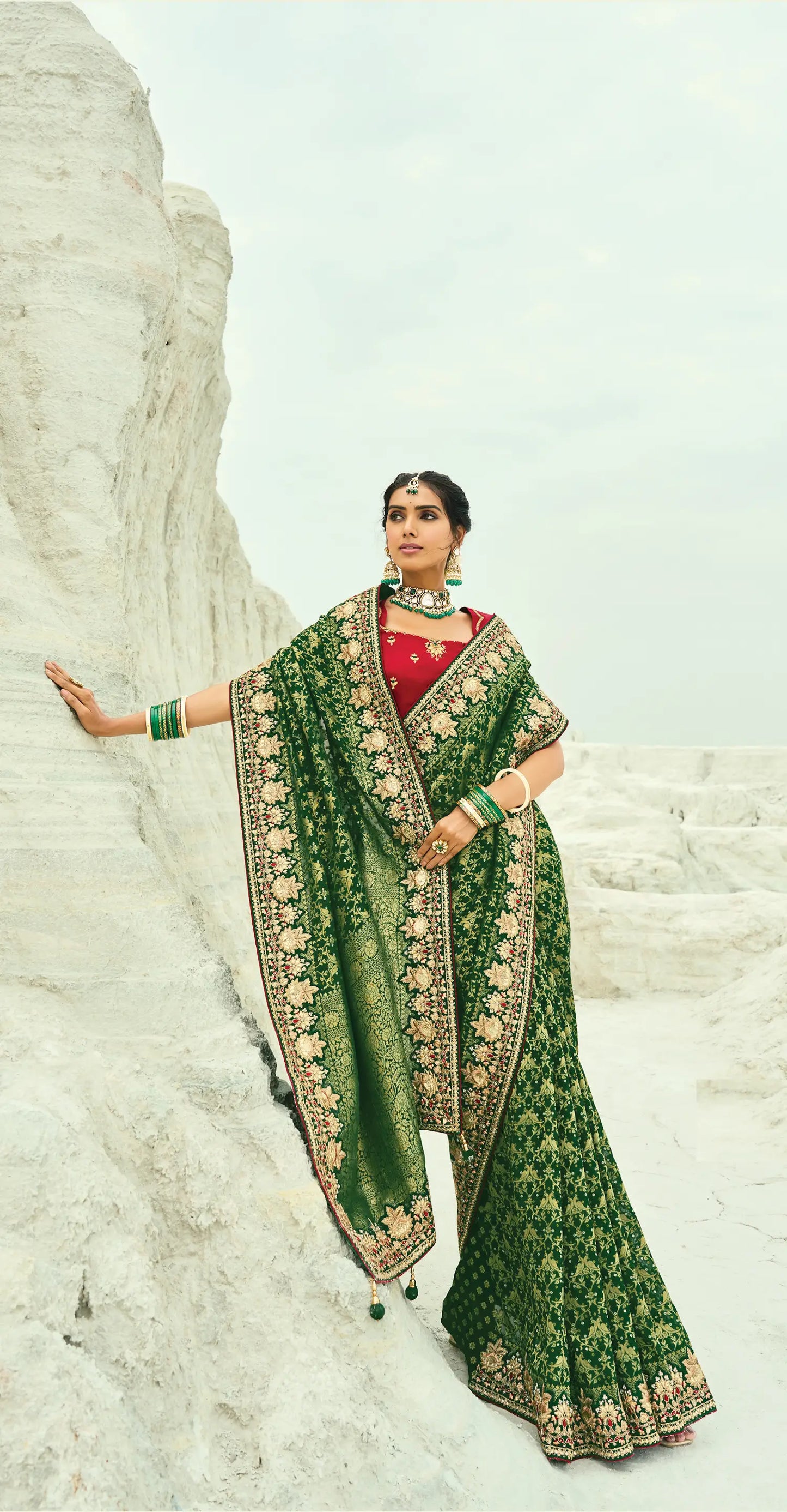 Dark Green Georgette Heavy Embroidered Bandhej Saree