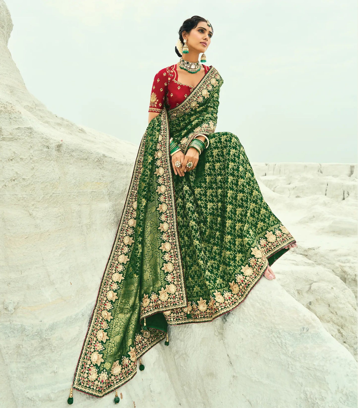 Dark Green Georgette Heavy Embroidered Bandhej Saree