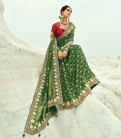 Dark Green Georgette Heavy Embroidered Bandhej Saree