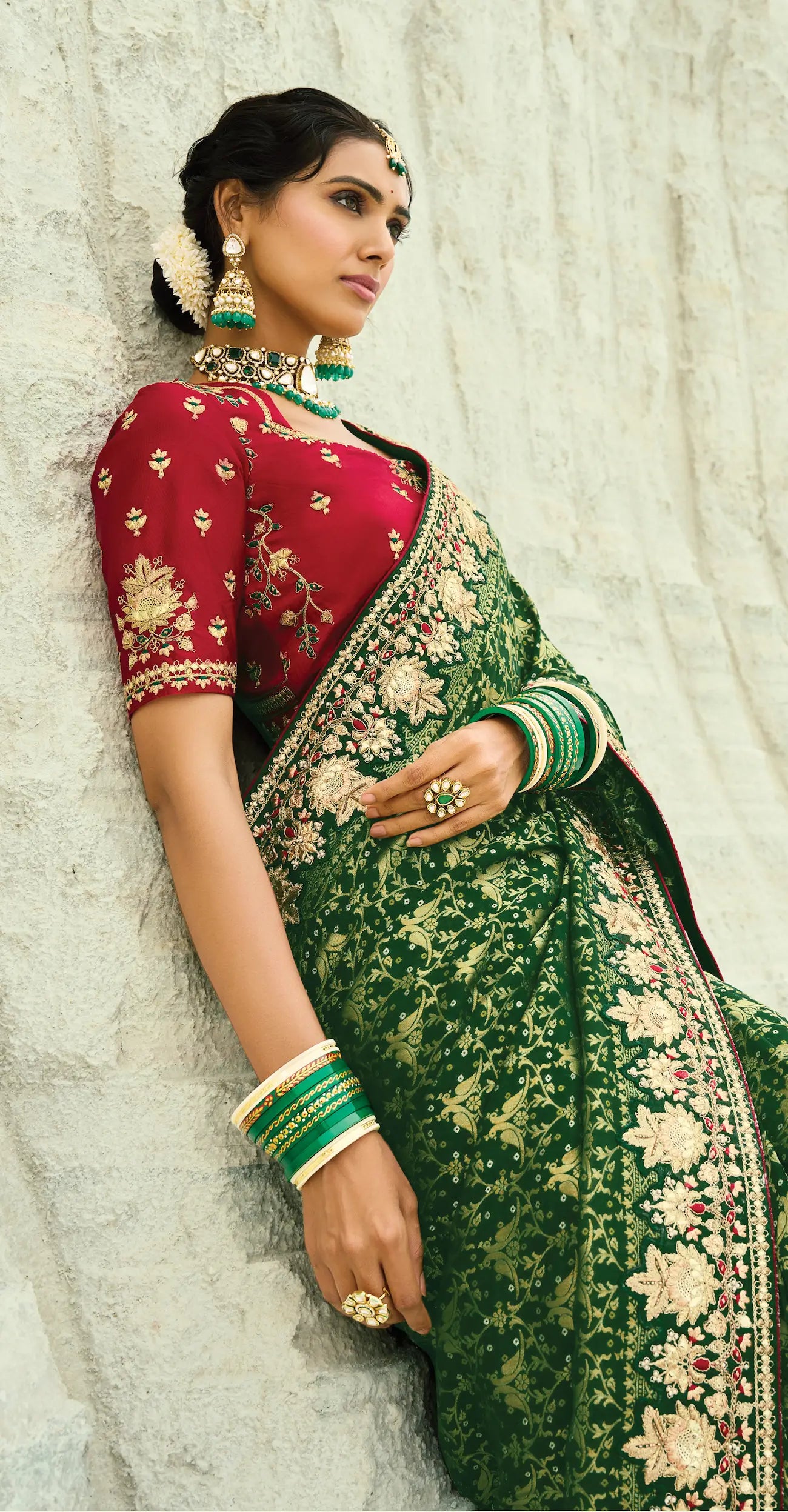 Dark Green Georgette Heavy Embroidered Bandhej Saree