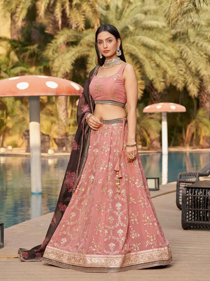 Dusty Pink Brown Georgette Lehenga With Thread Zari Dori Sequins Embroidery Work With Digital print
