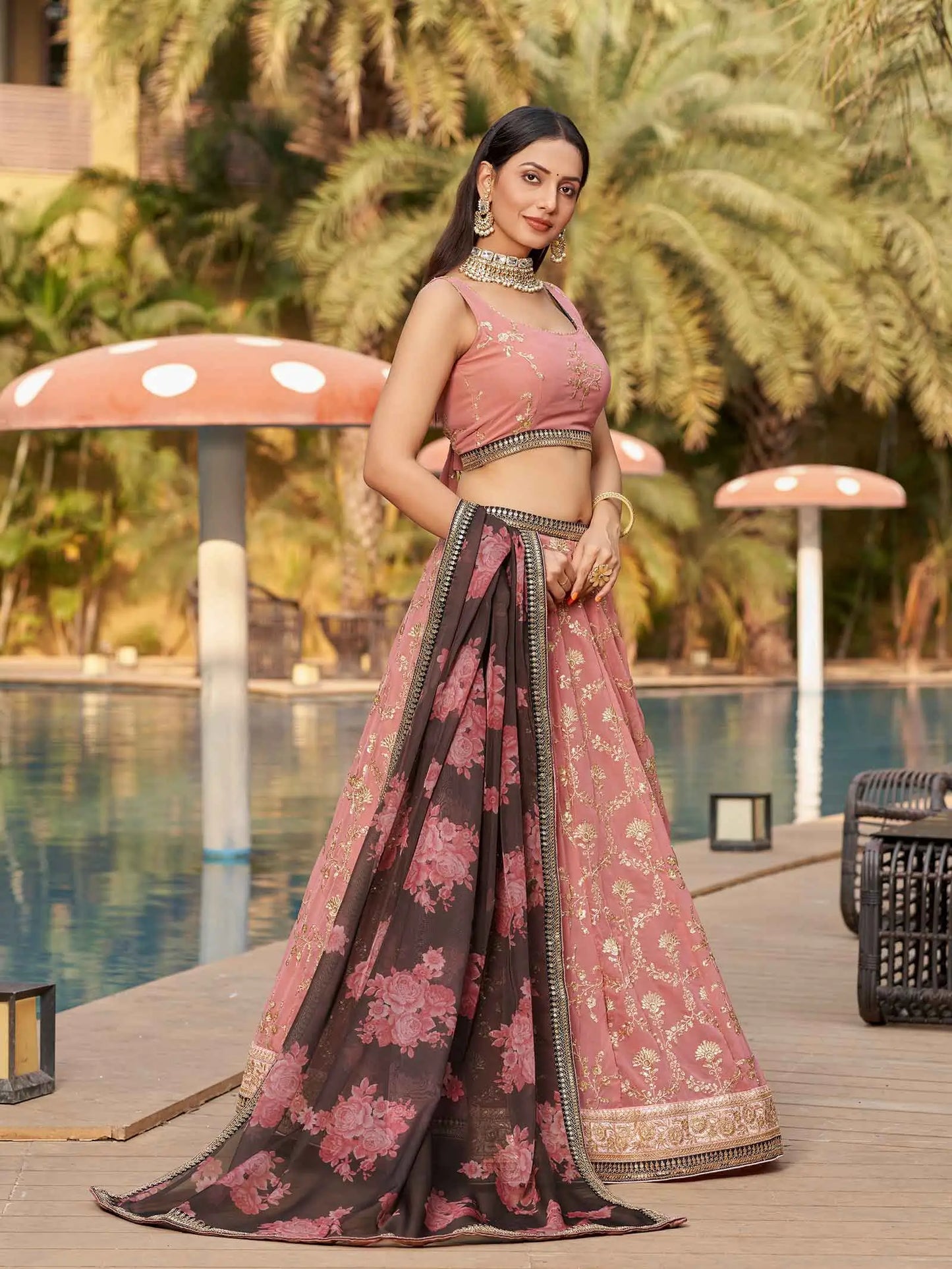Dusty Pink Brown Georgette Lehenga With Thread Zari Dori Sequins Embroidery Work With Digital print