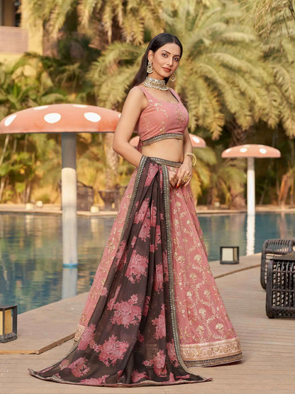 Dusty Pink Brown Georgette Lehenga With Thread Zari Dori Sequins Embroidery Work With Digital print