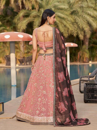 Dusty Pink Brown Georgette Lehenga With Thread Zari Dori Sequins Embroidery Work With Digital print