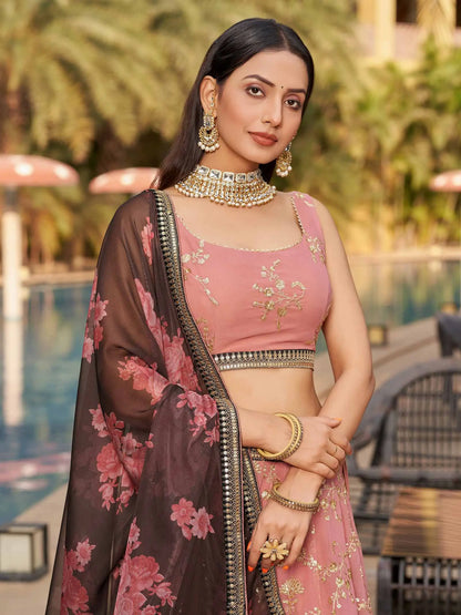 Dusty Pink Brown Georgette Lehenga With Thread Zari Dori Sequins Embroidery Work With Digital print