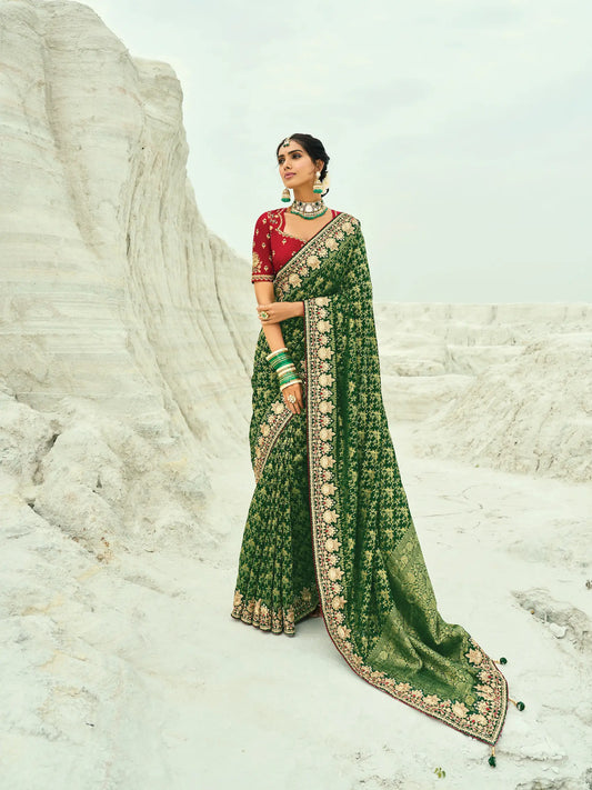 Dark Green Georgette Heavy Embroidered Bandhej Saree