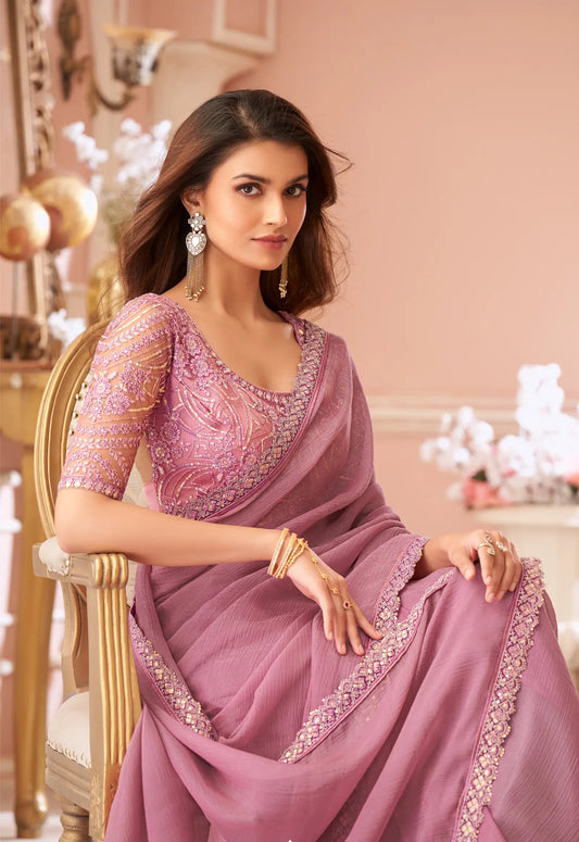 Onion Pink Crystal Georgette Thread & Sequins Embroidery Work Saree