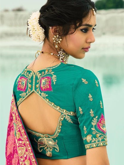 Rani Pink Georgette Heavy Embroidered Bandhej Saree