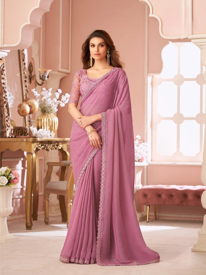 Onion Pink Crystal Georgette Thread & Sequins Embroidery Work Saree