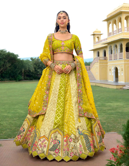 Olive Yellow Embroidery Peacock Work Lehenga
