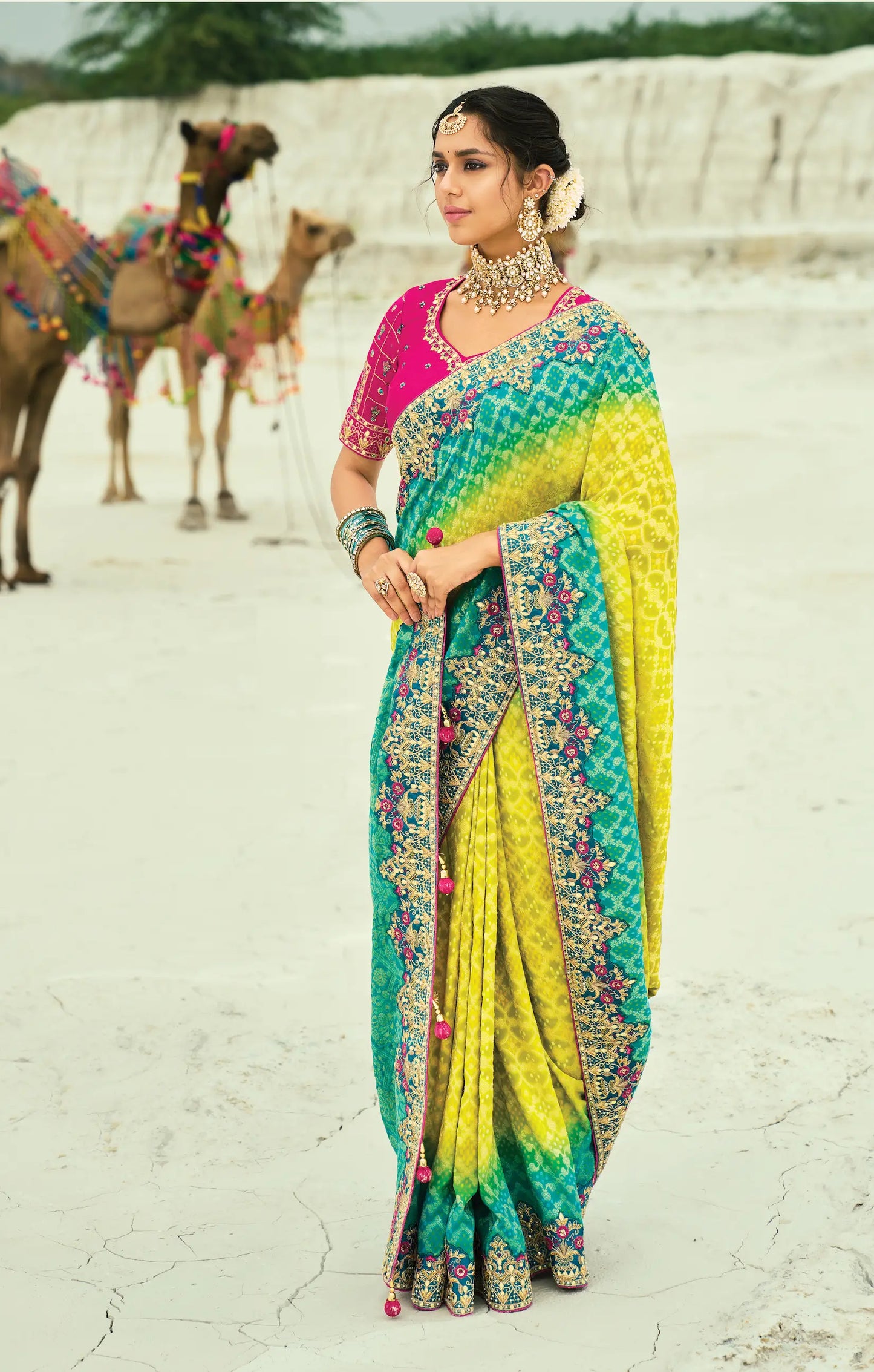 Yellow-Teal Blue Georgette Heavy Embroidered Bandhej Saree