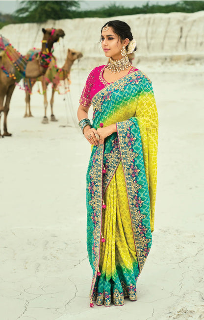 Yellow-Teal Blue Georgette Heavy Embroidered Bandhej Saree