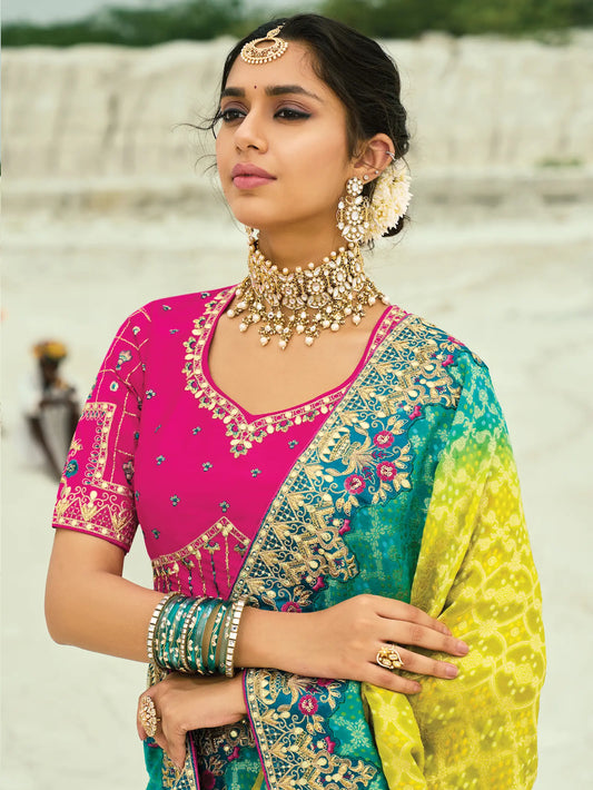 Yellow-Teal Blue Georgette Heavy Embroidered Bandhej Saree