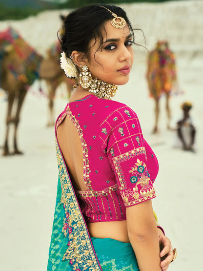 Yellow-Teal Blue Georgette Heavy Embroidered Bandhej Saree