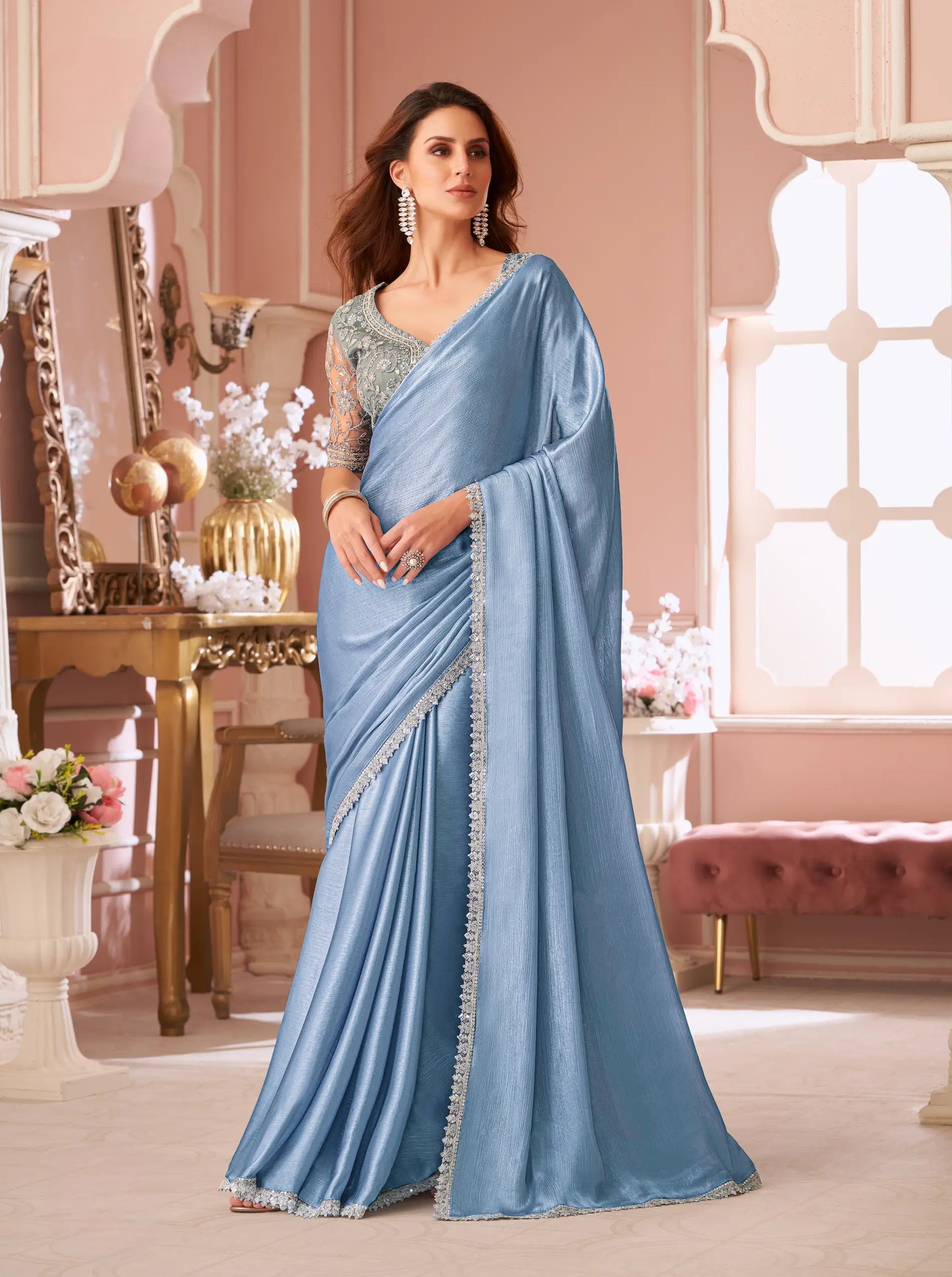 Sky Grey Silver Chiffon Thread & Sequins Embroidery Work Saree