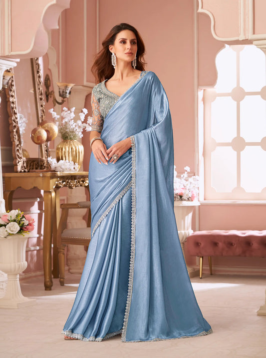 Sky Grey Silver Chiffon Thread & Sequins Embroidery Work Saree