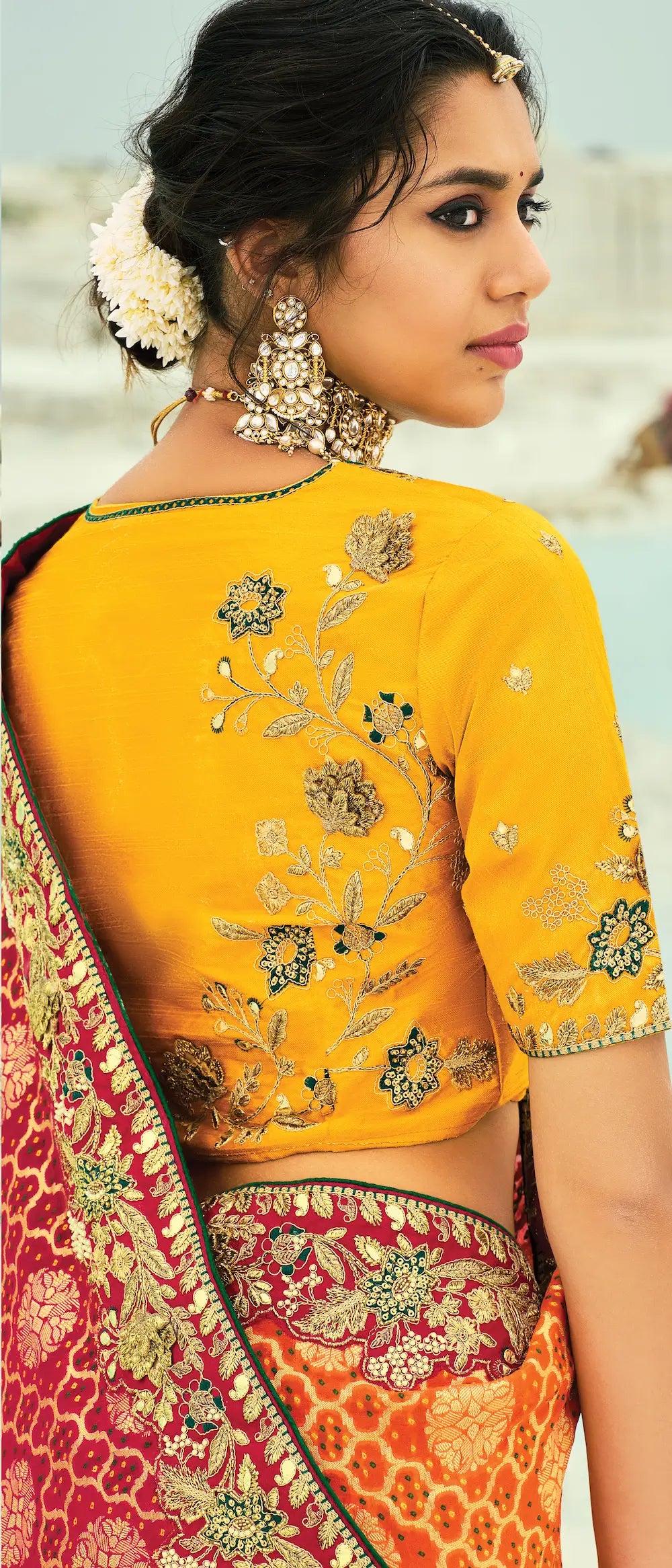 Red-Mustard-Orange Georgette Heavy Embroidered Bandhej Saree