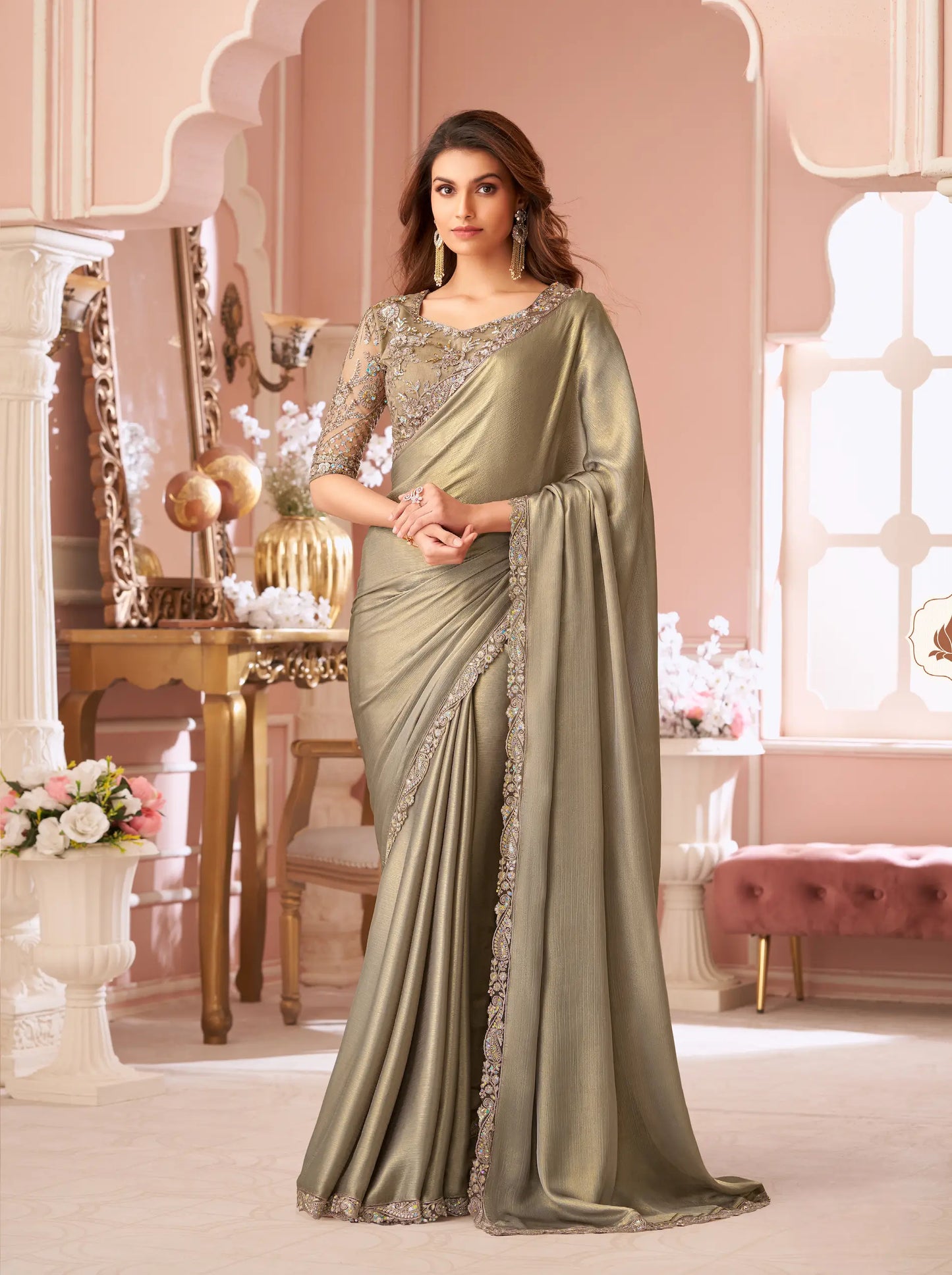 Golden Shimmer Chiffon Thread & Sequins Embroidery Work Saree