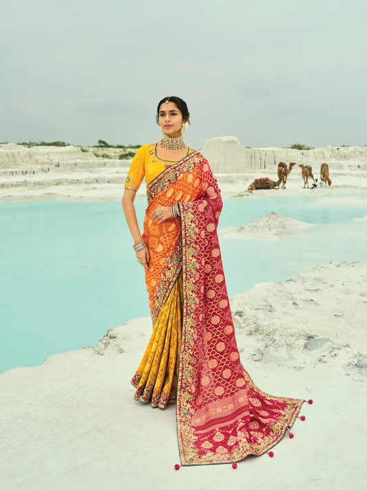 Red-Mustard-Orange Georgette Heavy Embroidered Bandhej Saree