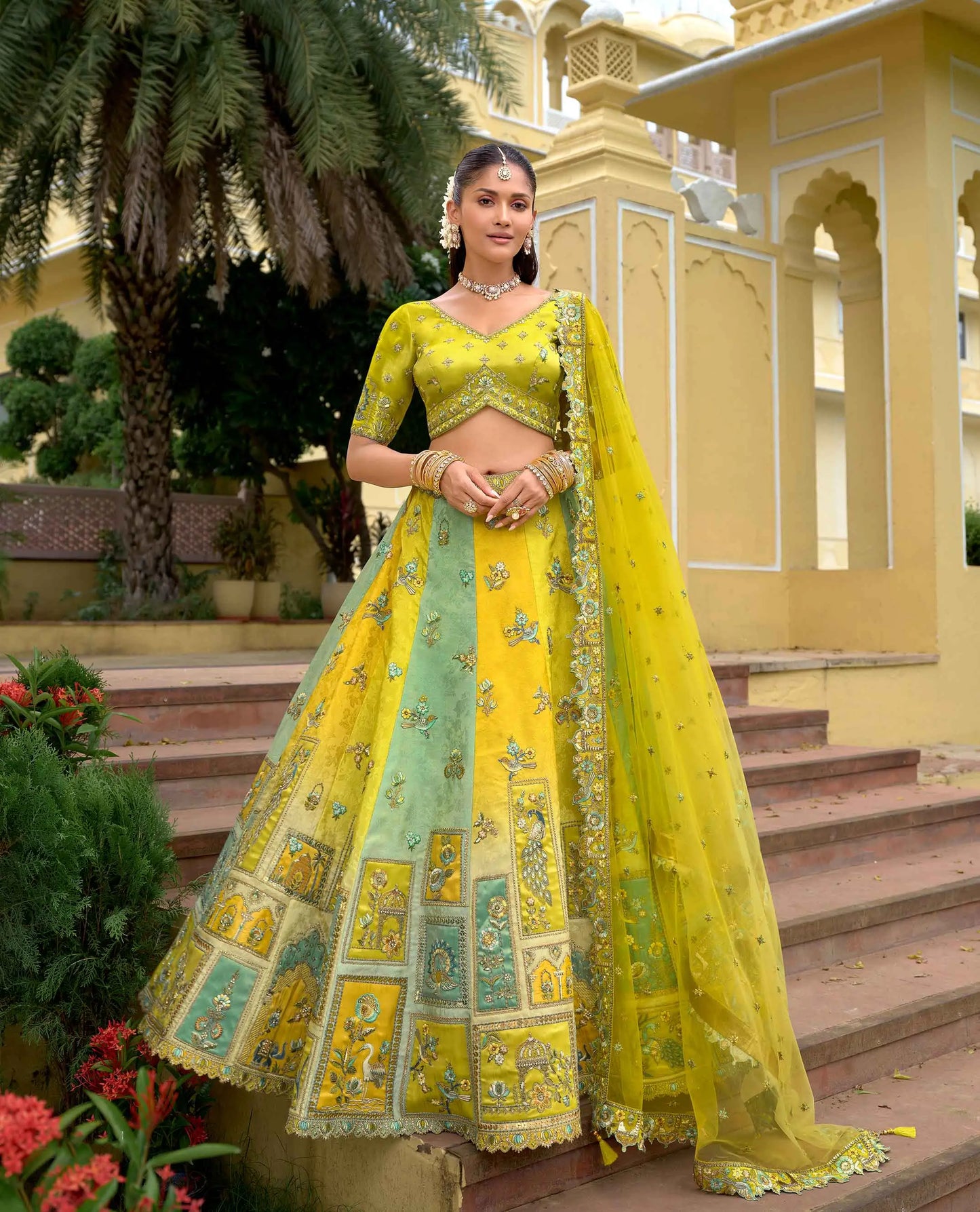 Pastel Olive Designer Embroidery Work Lehenga
