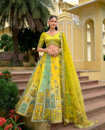Pastel Olive Designer Embroidery Work Lehenga