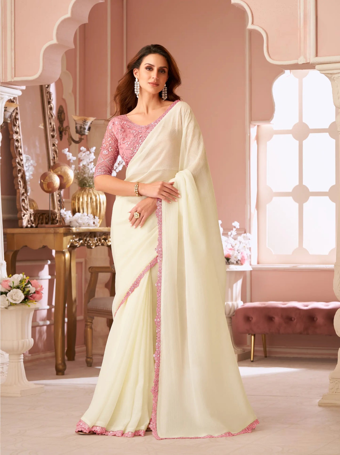 Off White Crystal Georgette Thread & Sequins Embroidery Work Saree