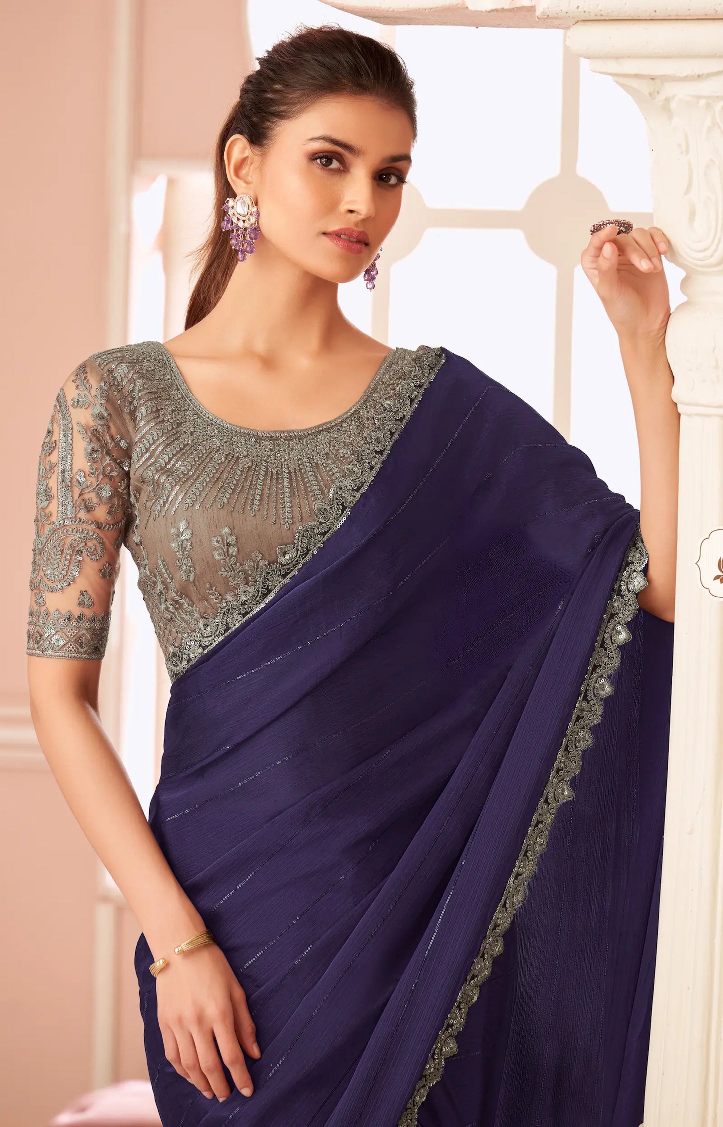 Dark Wine Pattern Georgette Thread & Sequins Embroidery Work Saree