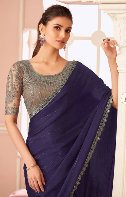 Dark Wine Pattern Georgette Thread & Sequins Embroidery Work Saree