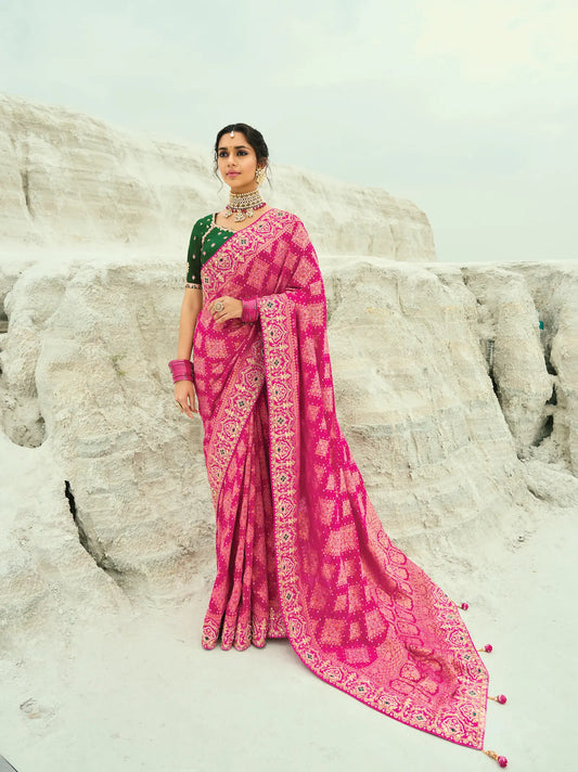 Dark Pink Georgette Heavy Embroidered Bandhej Saree